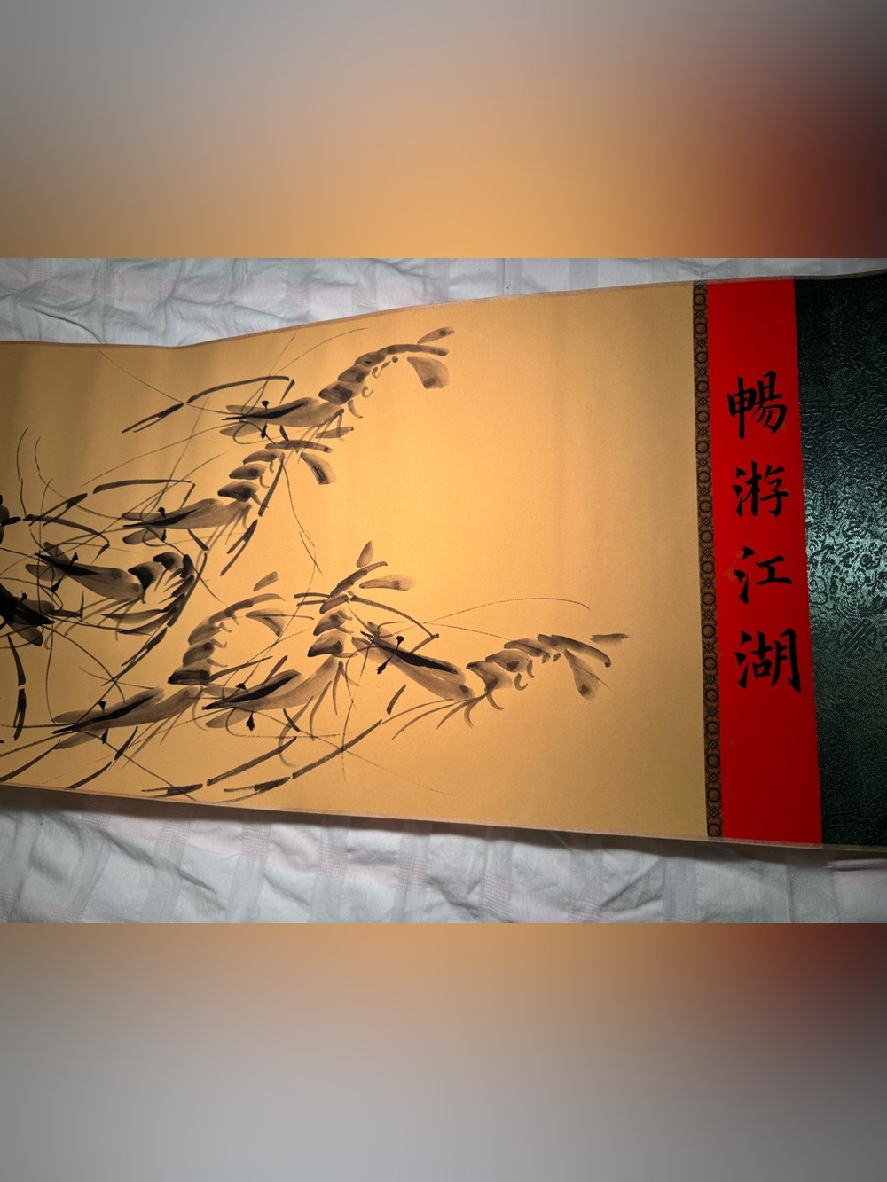86in Chinese Old Long Painting Scrolls Silk about Shrimp 畅游江湖 By Qi Baishi 齐白石